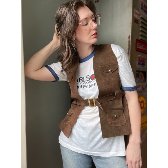 Vintage 70s Brown Suede Leather Vest | 1970s Belted Utility Pocket Western Boho - Picture 1 of 10